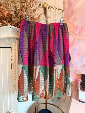 Etro Open-Knit Colorblock Circle Skirt in Pink, Purple, Green & Brown